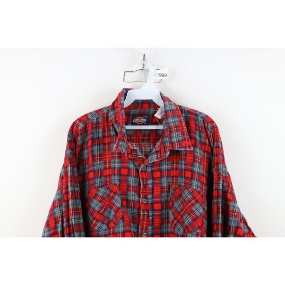 Vintage 70s Dickies Mens 4XL Faded Double Pocket Flannel Button Shirt Red Plaid - Picture 2 of 11